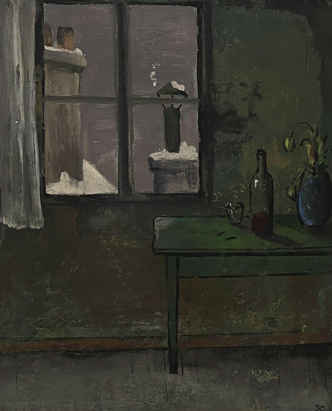 Artist/ School: August Pietri, French mid 20th century, signed

Title: attic room interior scene with a window overlooking winter snow rooftops

Medium:  signed oil painting on board, framed

framed: 19.25 x 23.25 inches
canvas:  13.5 x 17.75