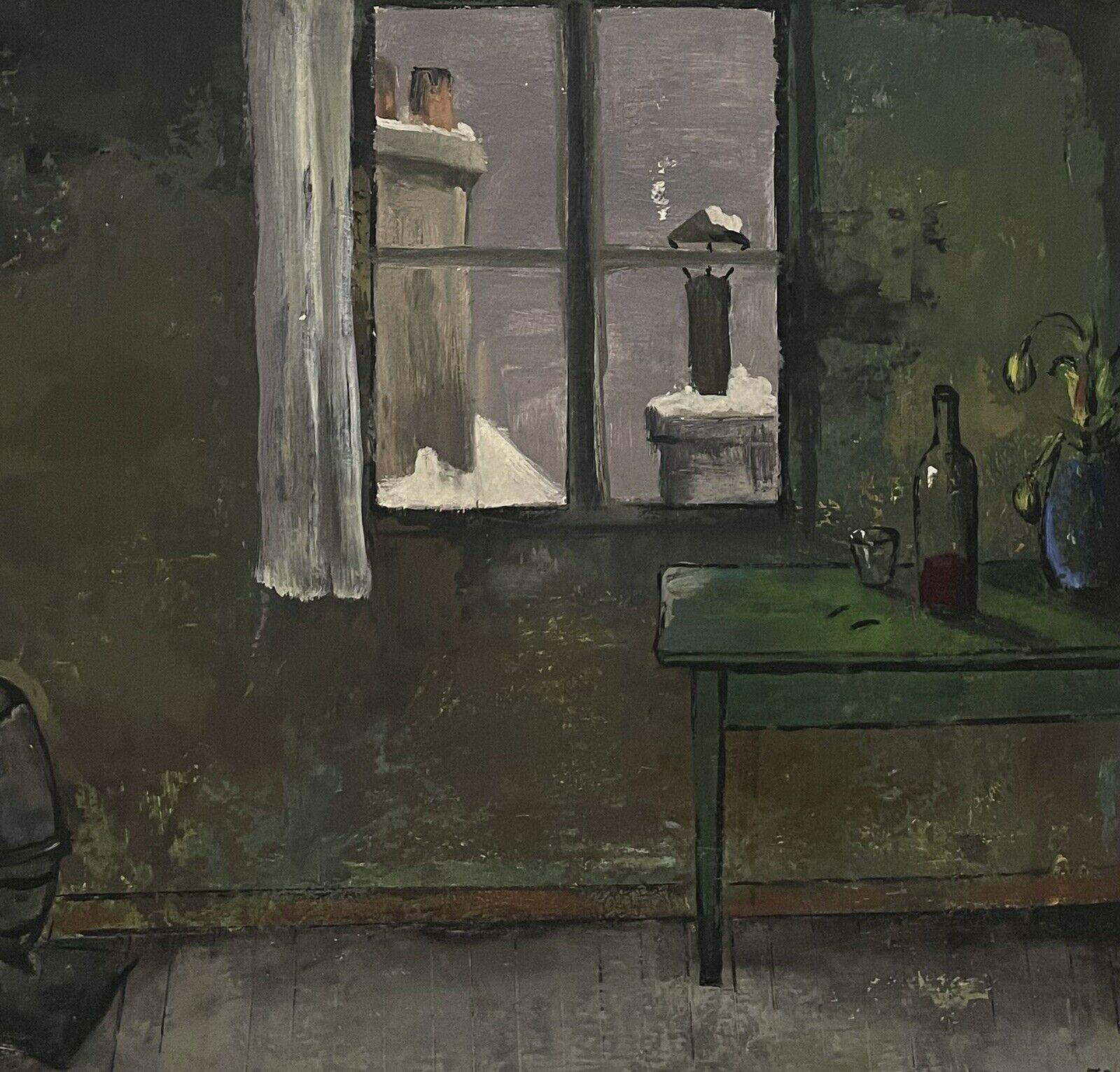 Parisian Interior Attic Room Mid 20th Century French Signed Oil, Rooftop Views - Gray Interior Painting by August Pietri