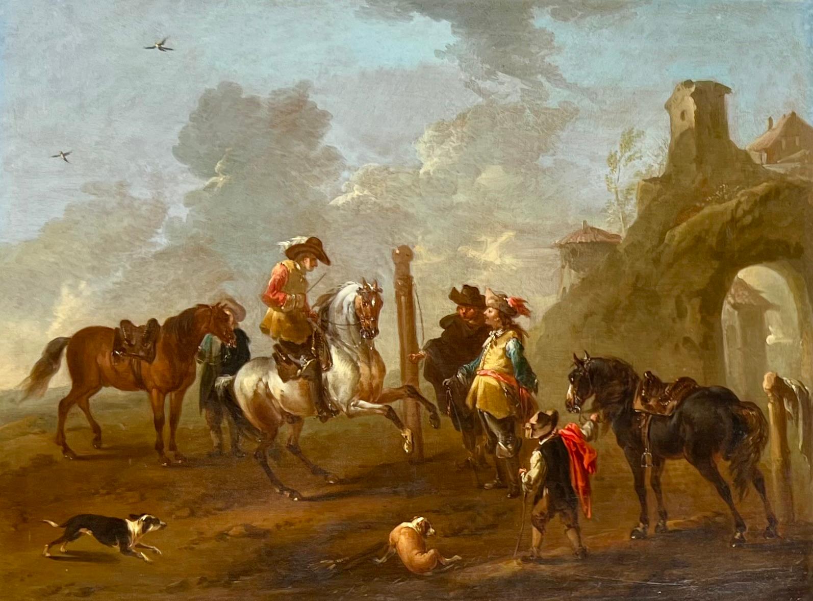 Una elegante fiesta Hawking, un par de cuadros - Painting de August Querfurt