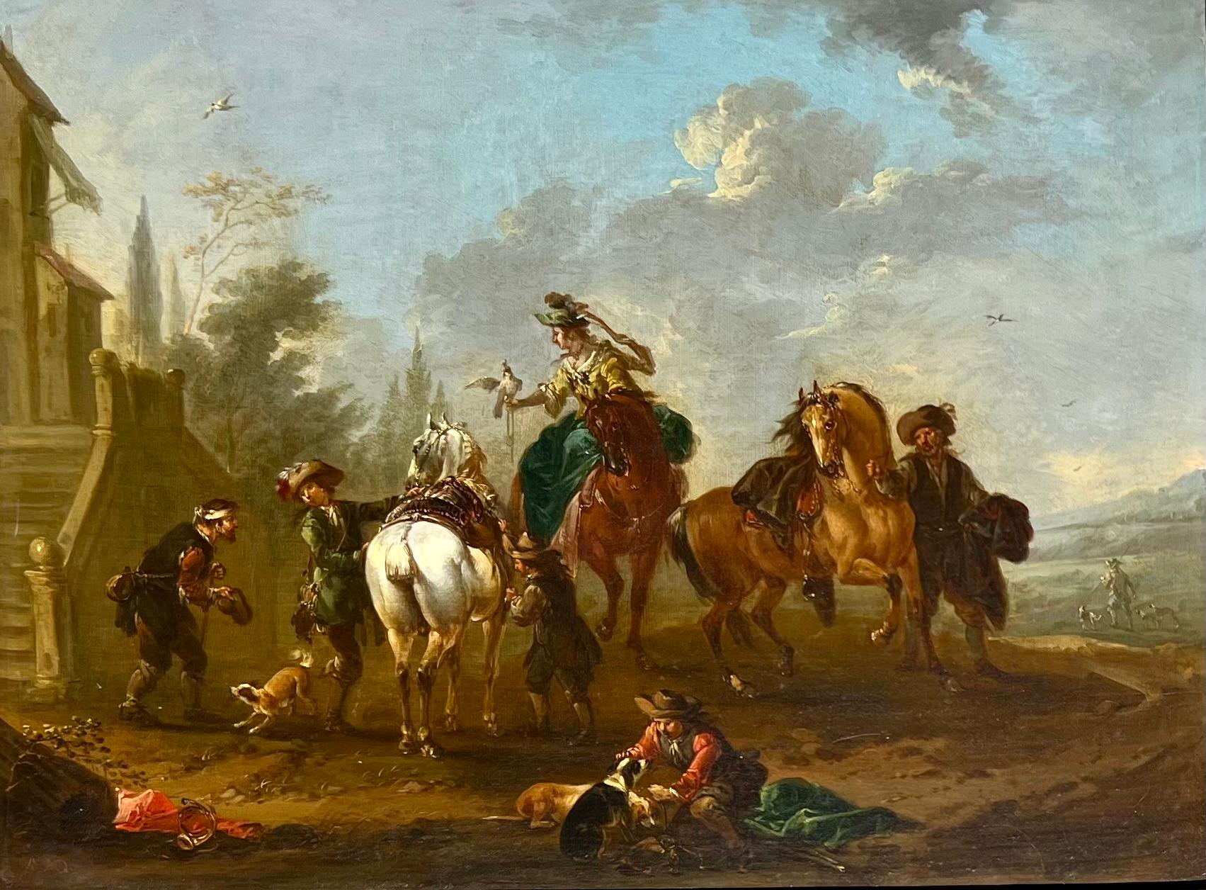 Una elegante fiesta Hawking, un par de cuadros - Figurative Painting Marrón de August Querfurt