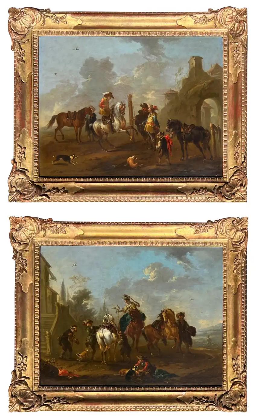 Figurative Painting de August Querfurt - Una elegante fiesta Hawking, un par de cuadros