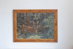 August Specht 1917 Óleo titulado Ciervo en el bosque en marco de abeto viejo