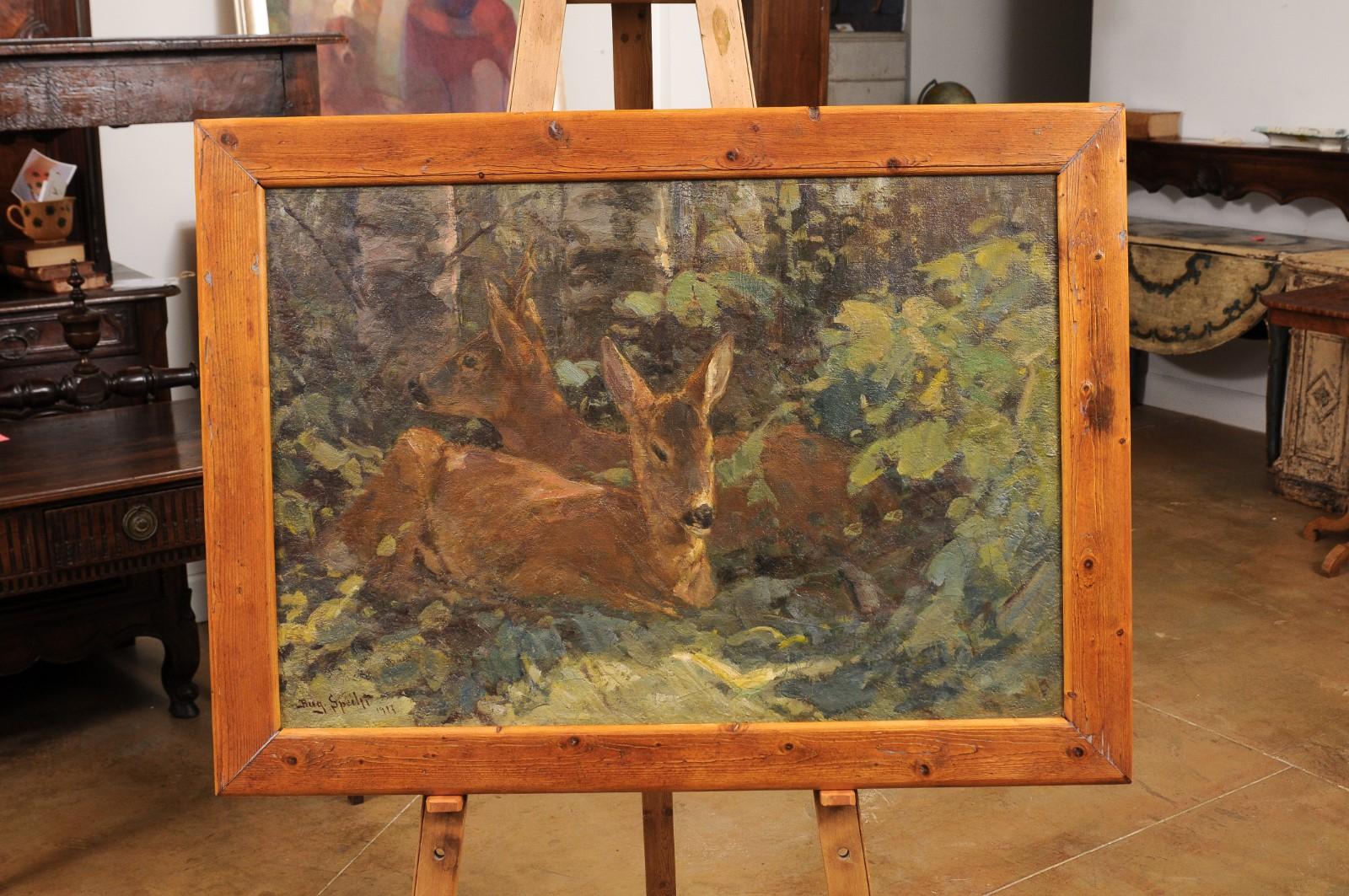 German August Specht 1917 Oil Painting Titled Deer in the Woods in Old Fir Tree Frame For Sale