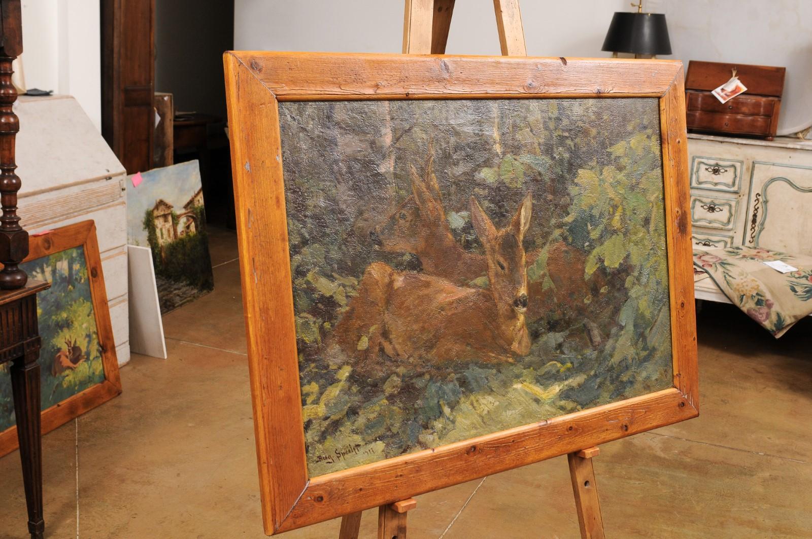August Specht 1917 Oil Painting Titled Deer in the Woods in Old Fir Tree Frame For Sale 3