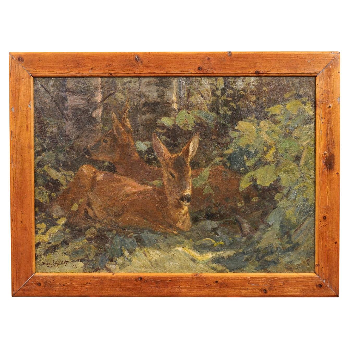August Specht 1917 Oil Painting Titled Deer in the Woods in Old Fir Tree Frame For Sale
