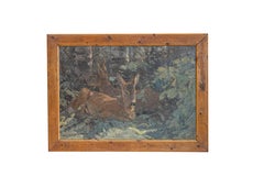 August Specht 1917 Óleo titulado Ciervo en el bosque en marco de abeto viejo