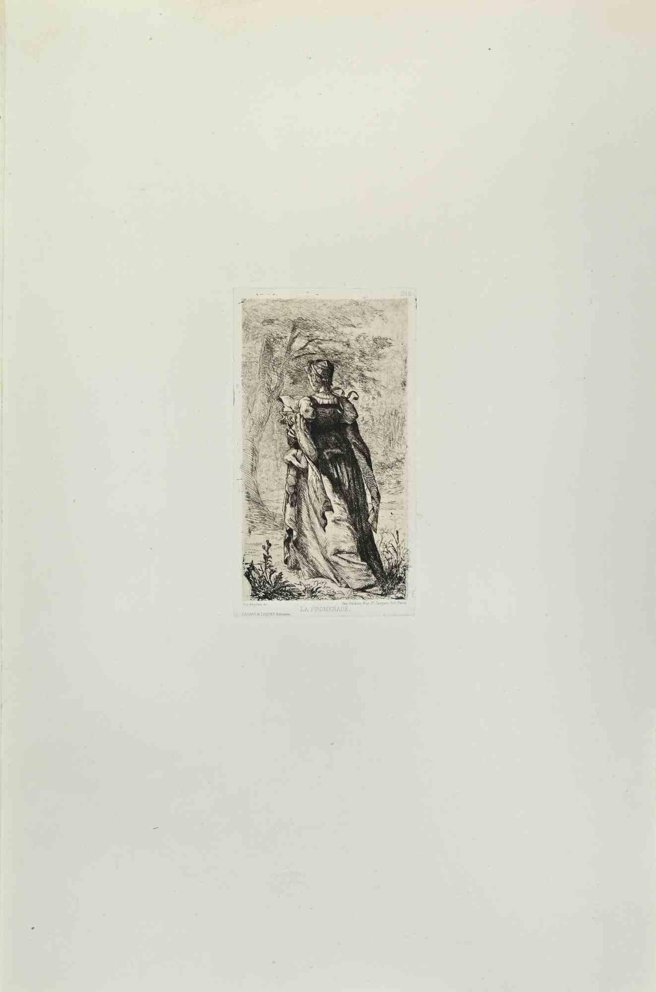 August von Heyden Figurative Print - La Promenade - Etching by August Von Heyden - 1870s