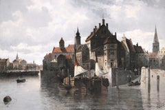 19th Century landscape oil painting of Kiel harbour, Germany