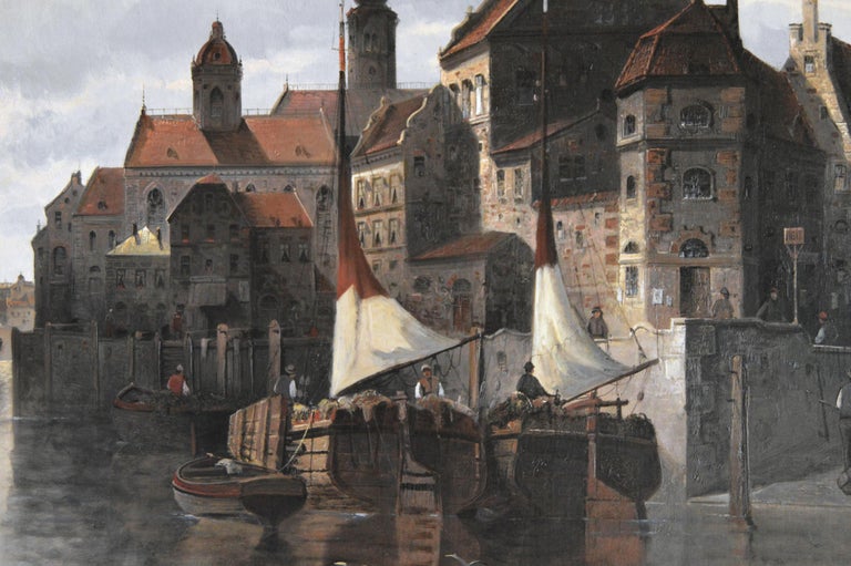 19th Century landscape oil painting of Kiel harbour, Germany - Victorian Painting by August von Siegen