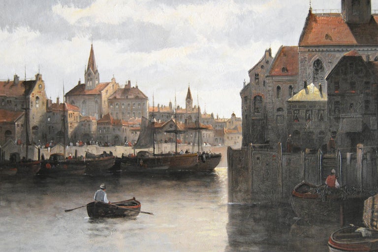 August von Siegen
German, (1850-1910)
View of Kiel
Oil on canvas, signed 
Image size: 38 inches x 56 inches 
Size including frame: 46 inches x 64 inches

August von Siegen was a German painter of coastal views, townscapes and Venetian scenes. He