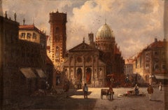 "Barcelone", City Square with Church and Dome, 19th century Oil Painting