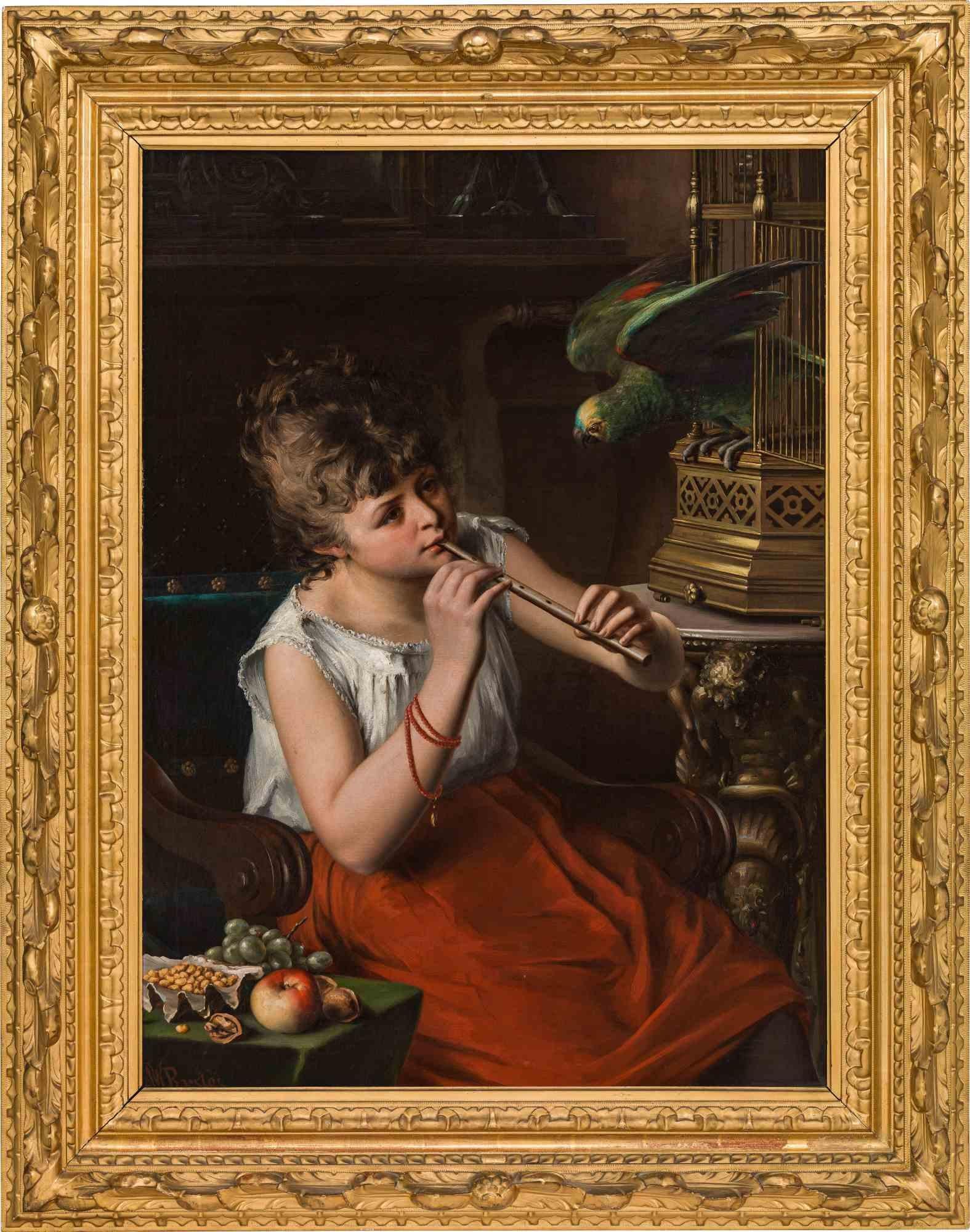 Jeune fille avec un perroquet jouant de la flûte - Peinture à l'huile d'A. W. Roesler - 19ème siècle - Painting de August Wilhelm Roesler