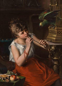 Mädchen mit Papagei, der beim Flötenspiel spielt - Ölgemälde von A. W. Roesler - 19. Jahrhundert
