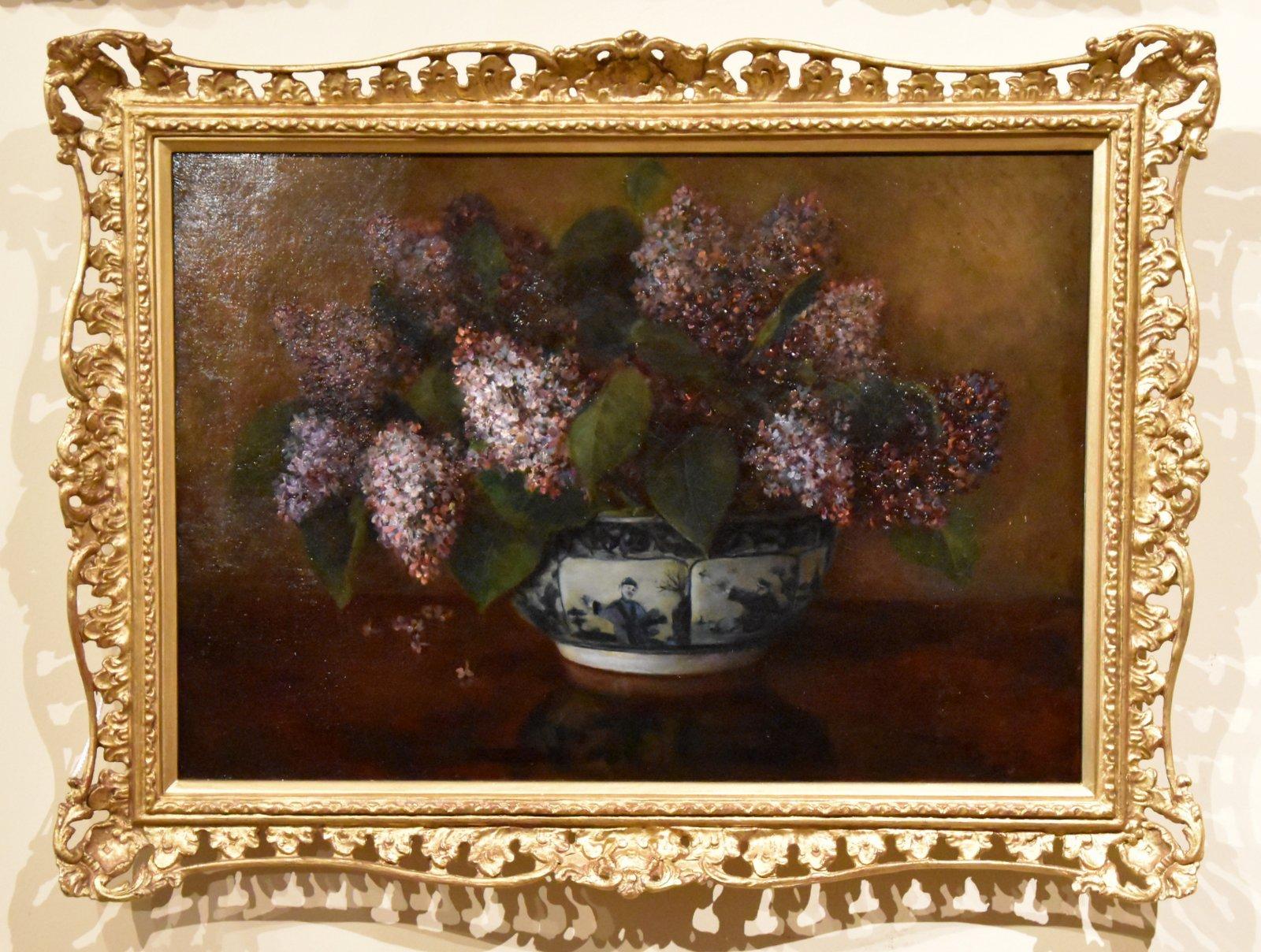 Oil Painting by Augusta M. Bowen "Lilacs" 1869 -1944 Tenby painter of still life and landscape, she exhibited at the Royal Academy and Royal Society, Liverpool and Dublin. Five works in Tenby Art Gallery. Oil on canvas

Dimensions unframed 14  x 20