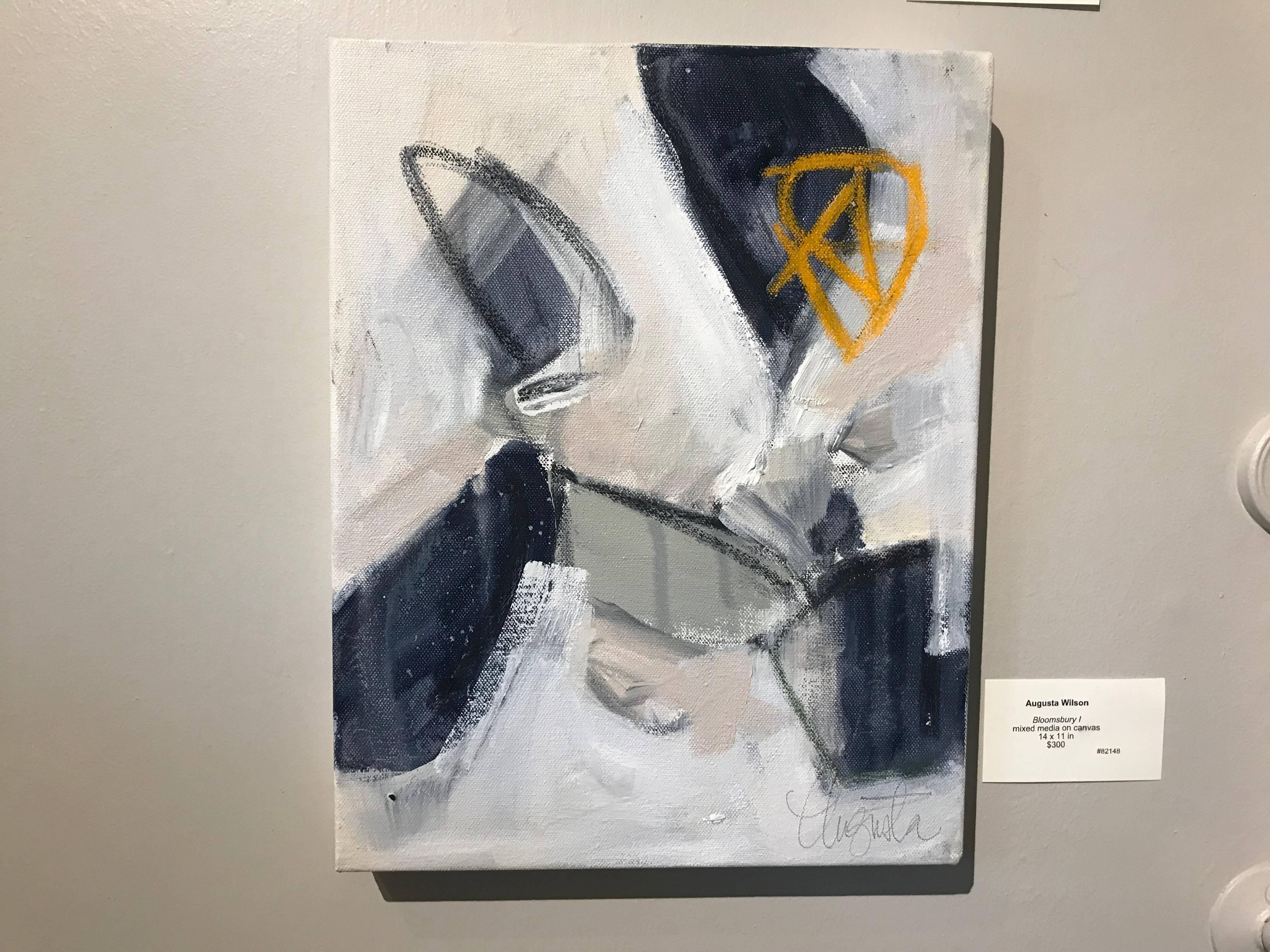 This petite abstract painting by American Augusta Wilson is a simple and chic piece, easy to tuck in any bookcase or a variety of other nooks and crannies.  It's a deep blue/gray with pops of orange and a white background.  The artist signed this