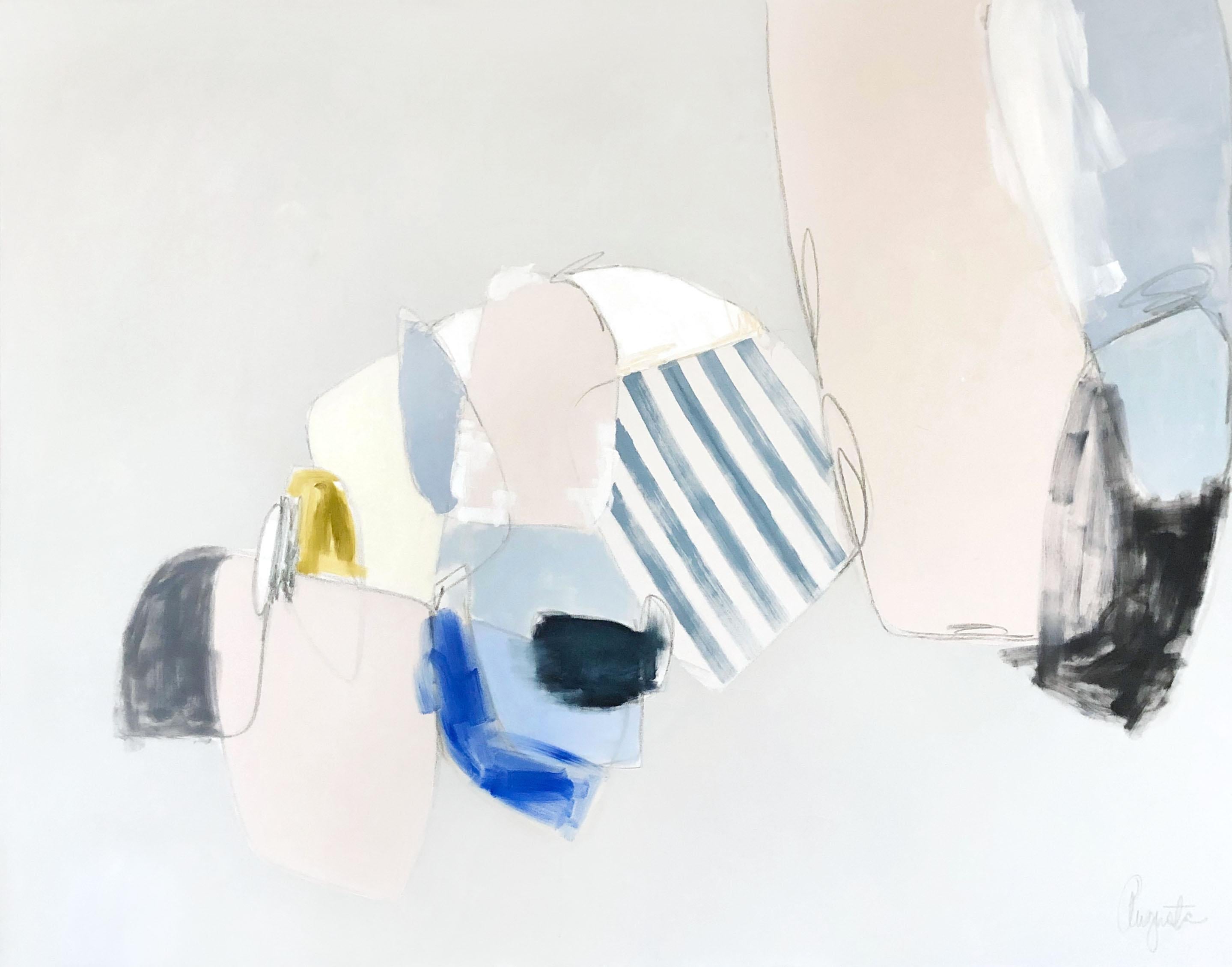 'Classic With a Twist' is a large abstract mixed media on canvas painting created by American artist Augusta Wilson in 2019. Featuring a palette made of white, blue, black, green and grey tones, the painting attracts our attention with its joyous