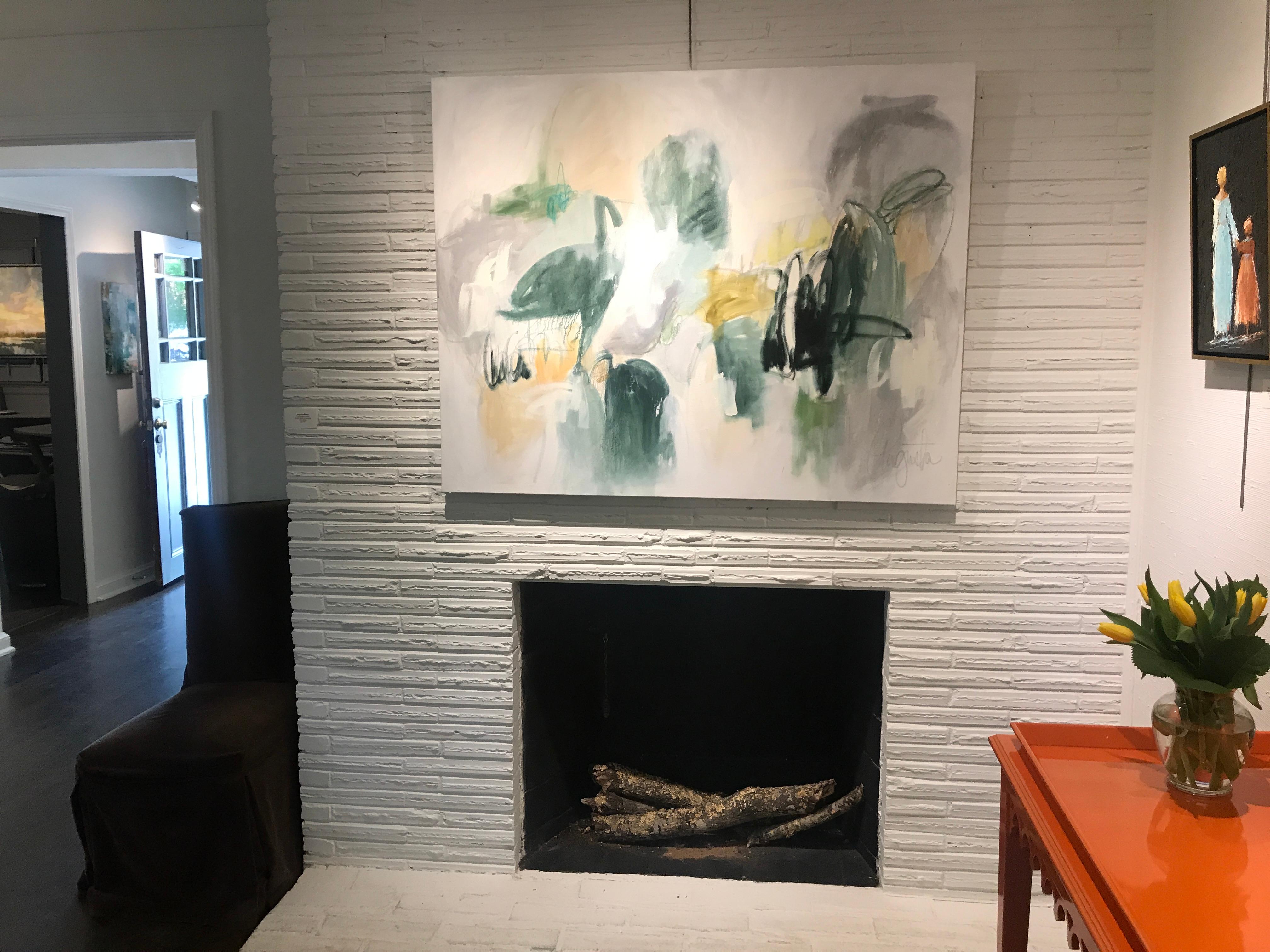 'Cumberland Island' is a large abstract mixed media on canvas painting of horizontal format, created by American artist Augusta Wilson in 2019. Featuring a palette made of green, white, black, grey and yellow tones, the painting attracts our