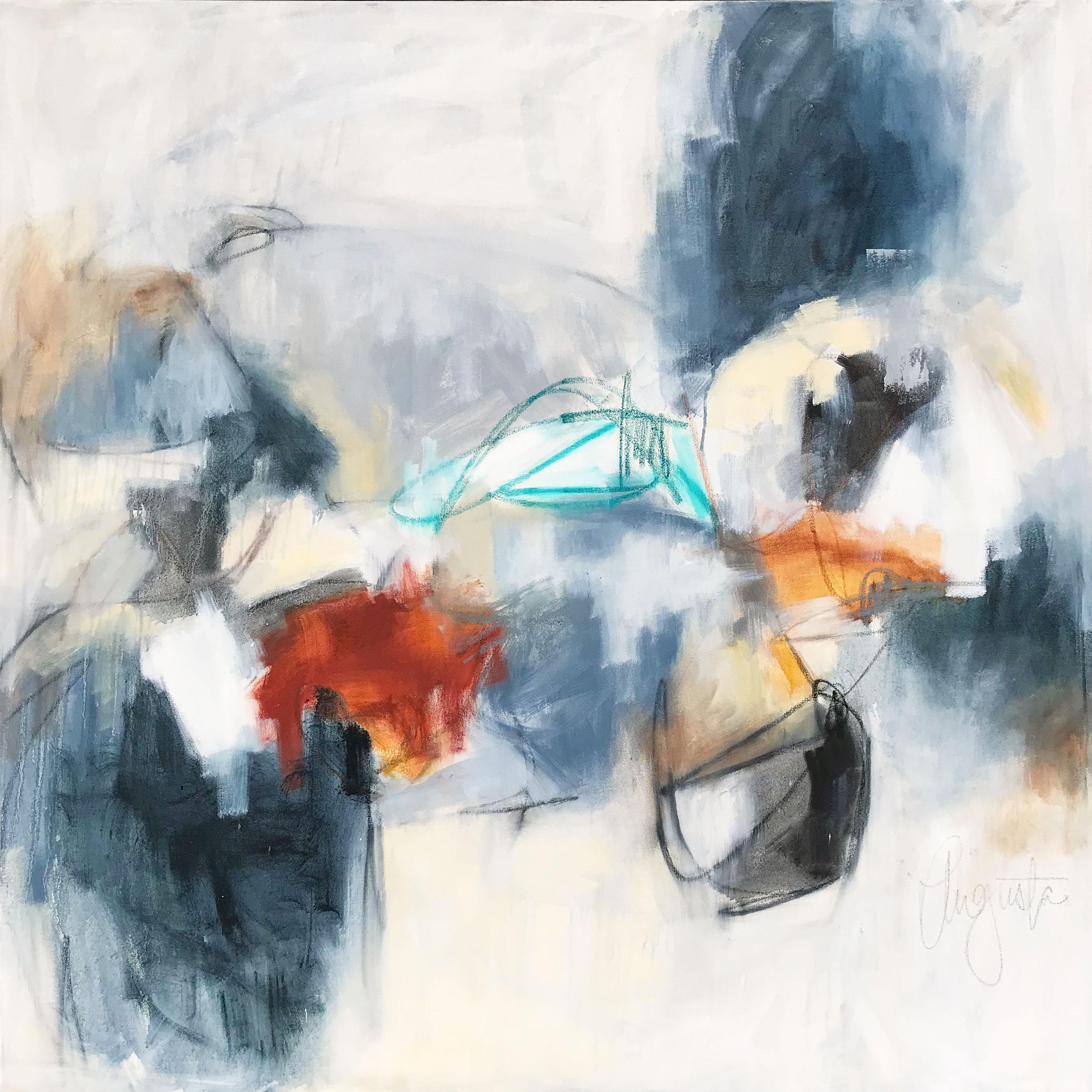 'Marais' is an acrylic and mixed media on canvas abstract painting created by American artist Augusta Wilson in 2018. Featuring a palette mostly made of white, grey and black colors, beautifully accented with strokes of red and orange, the painting