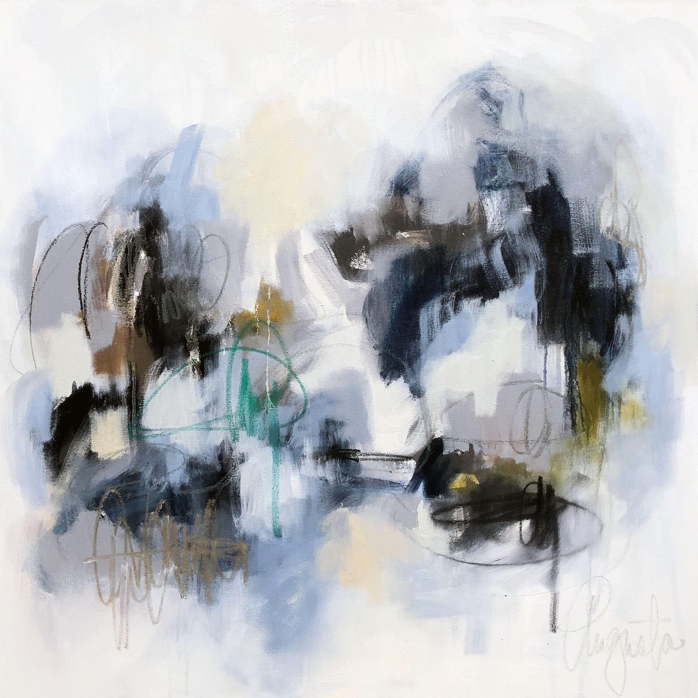 'Mont Saint Michel' is a medium size abstract mixed media on canvas painting created by American artist Augusta Wilson in 2019. Featuring a soft palette made of white, black, grey, brown, gold and teal colors, this painting conveys a great sense of