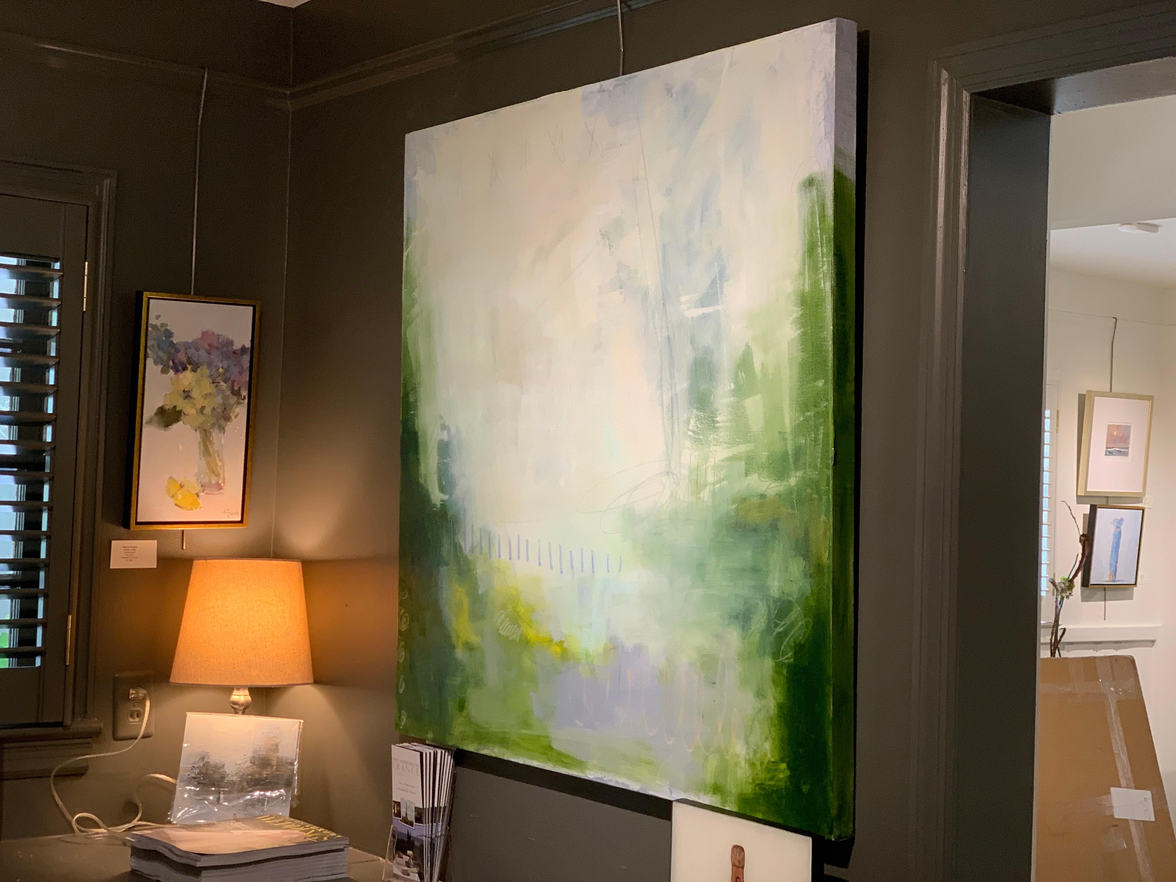 'Rendezvous in the Garden' is a large abstract oil on canvas painting created by American artist Augusta Wilson in 2021. Featuring a large square format, this painting is adorned with a cream and white background that is the perfect setting to