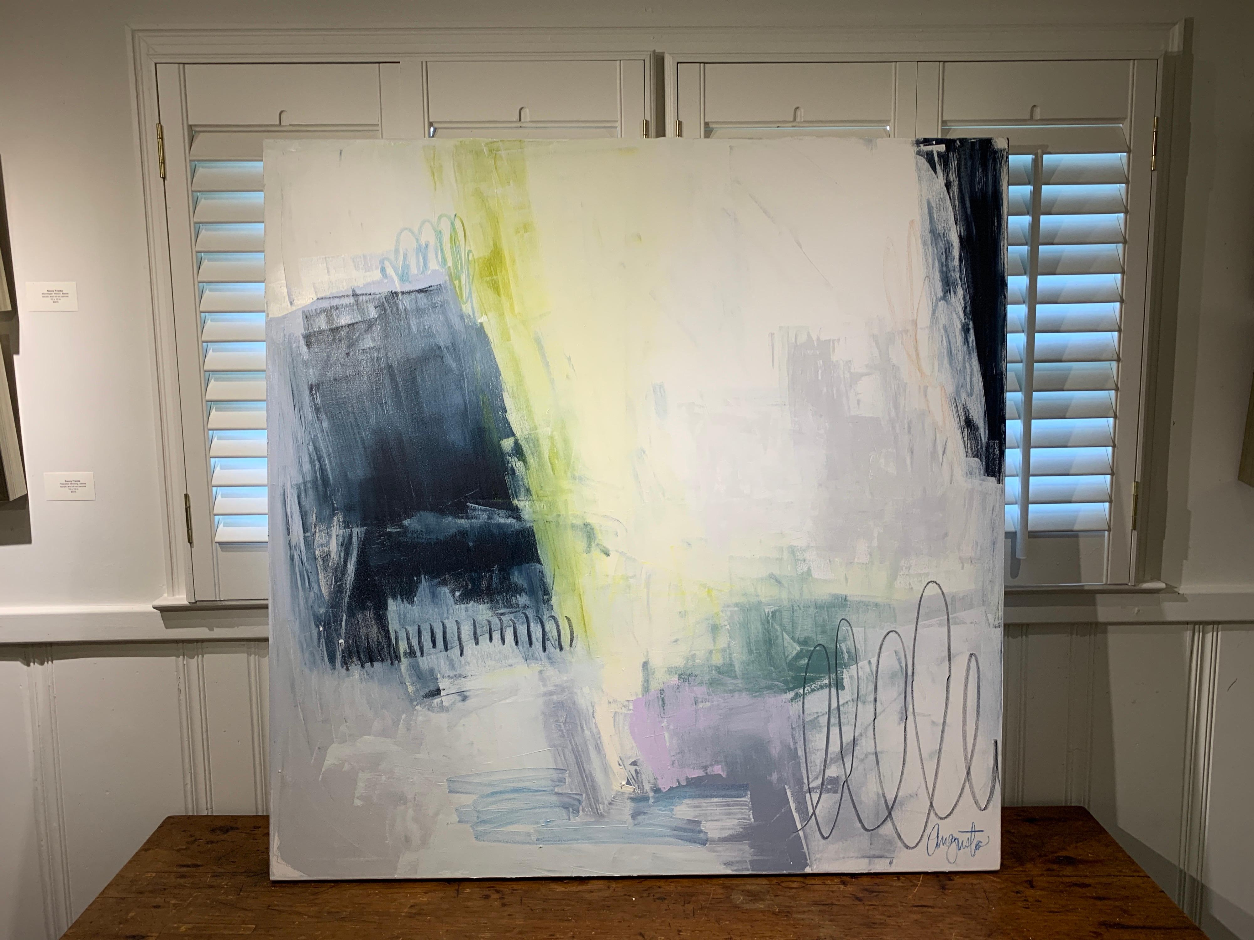 'Whip It' is a large abstract oil on canvas painting created by American artist Augusta Wilson in 2020. Featuring a large square format, this painting is adorned with a cream and taupe background that is the perfect setting to highlight the