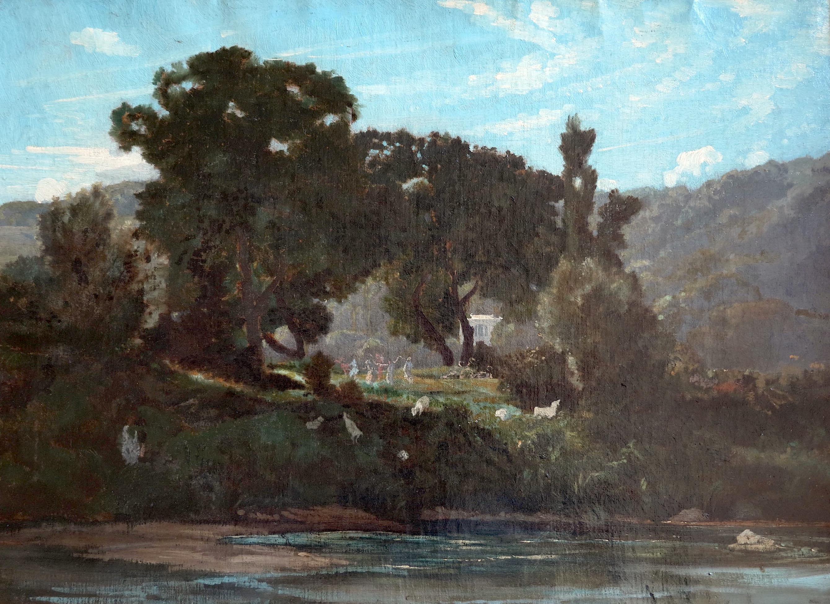 Walnut trees on the island and the Jonchère hillside in Bougival, France - Painting by Auguste Anastasi