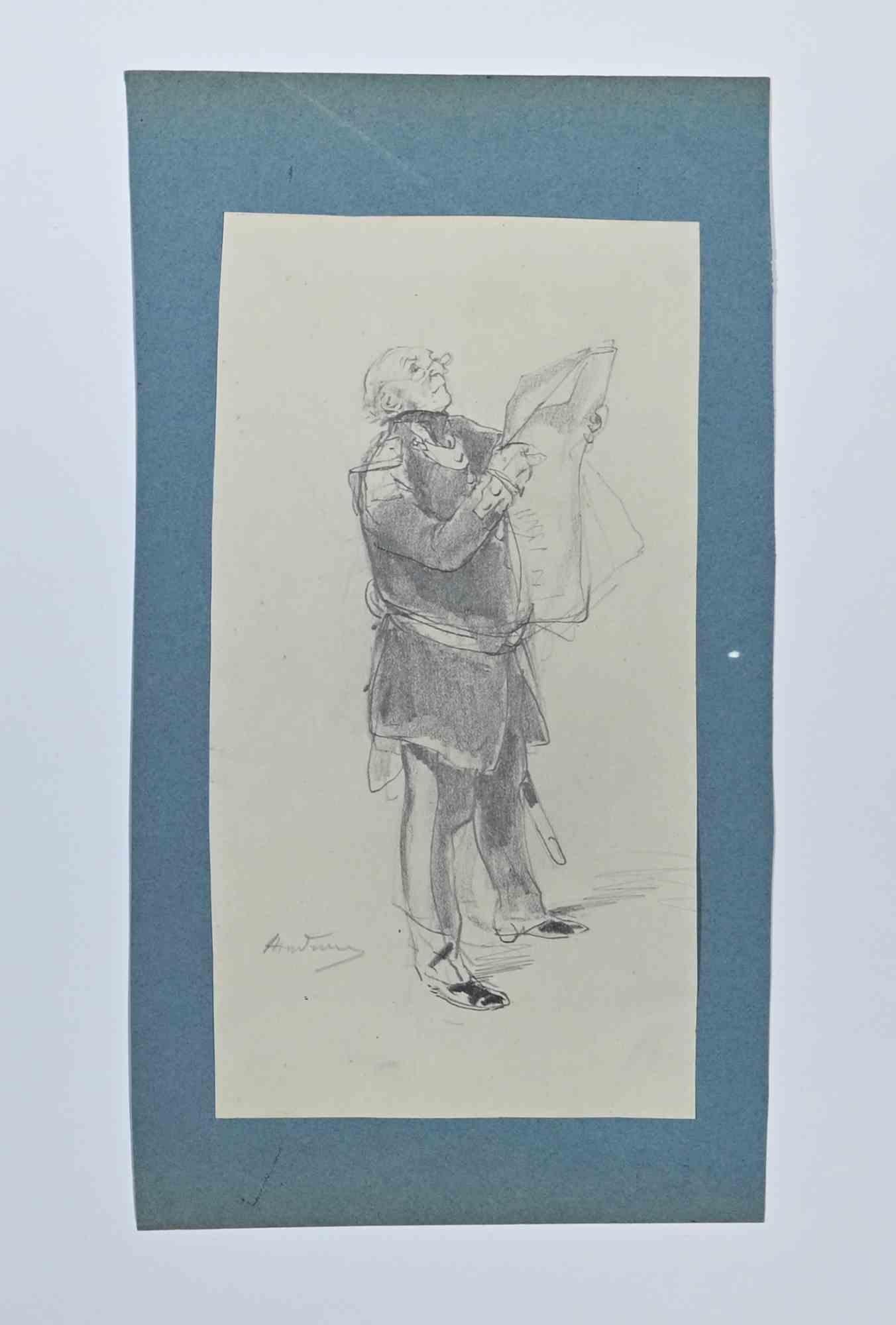 Man Reading - Original Drawing by Auguste Andrieux - 19th Century
