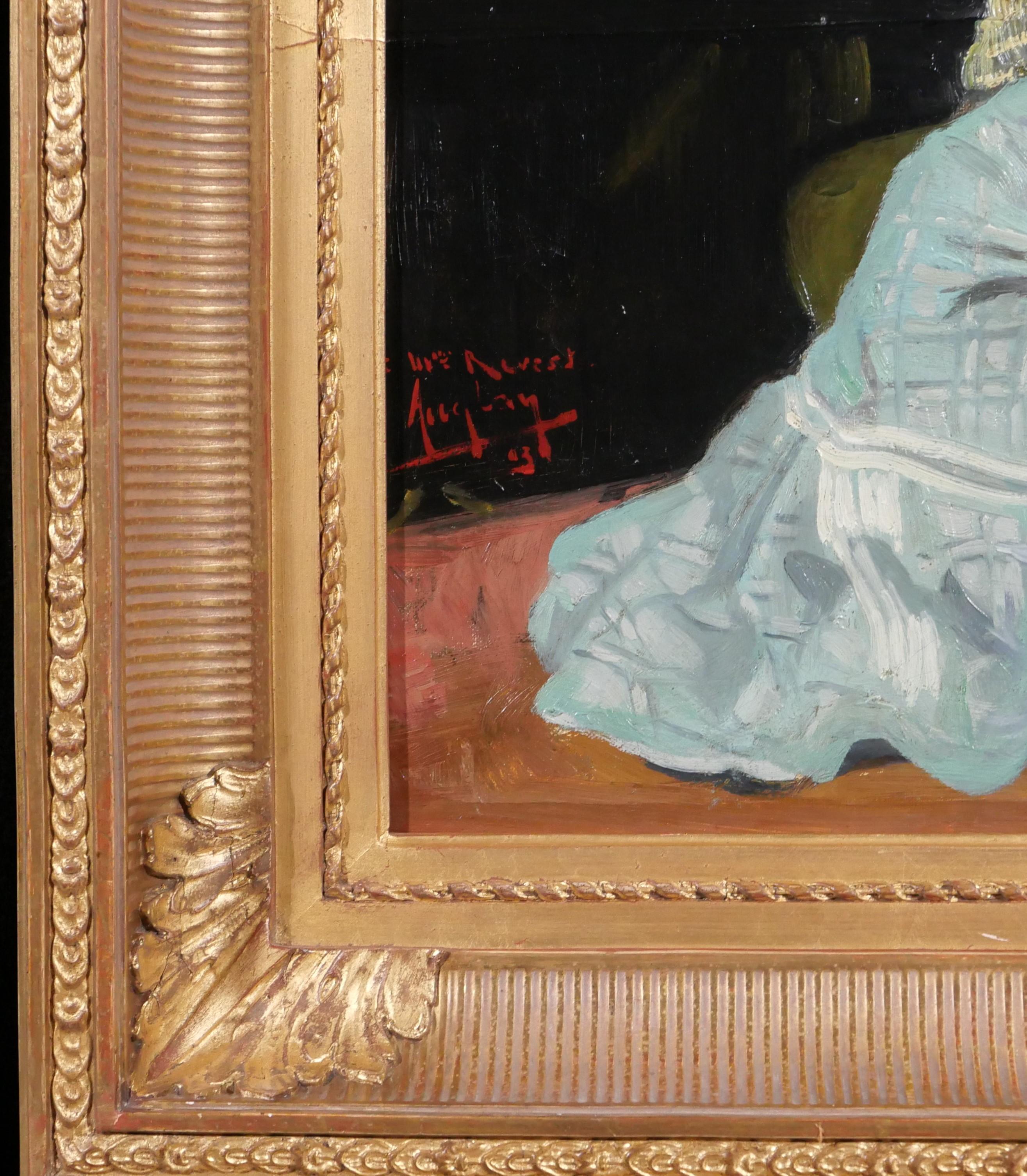 Frau, die in ihrem Inneren am Klavier sitzt, Gemälde des Impressionisten Tiffany im Angebot 5
