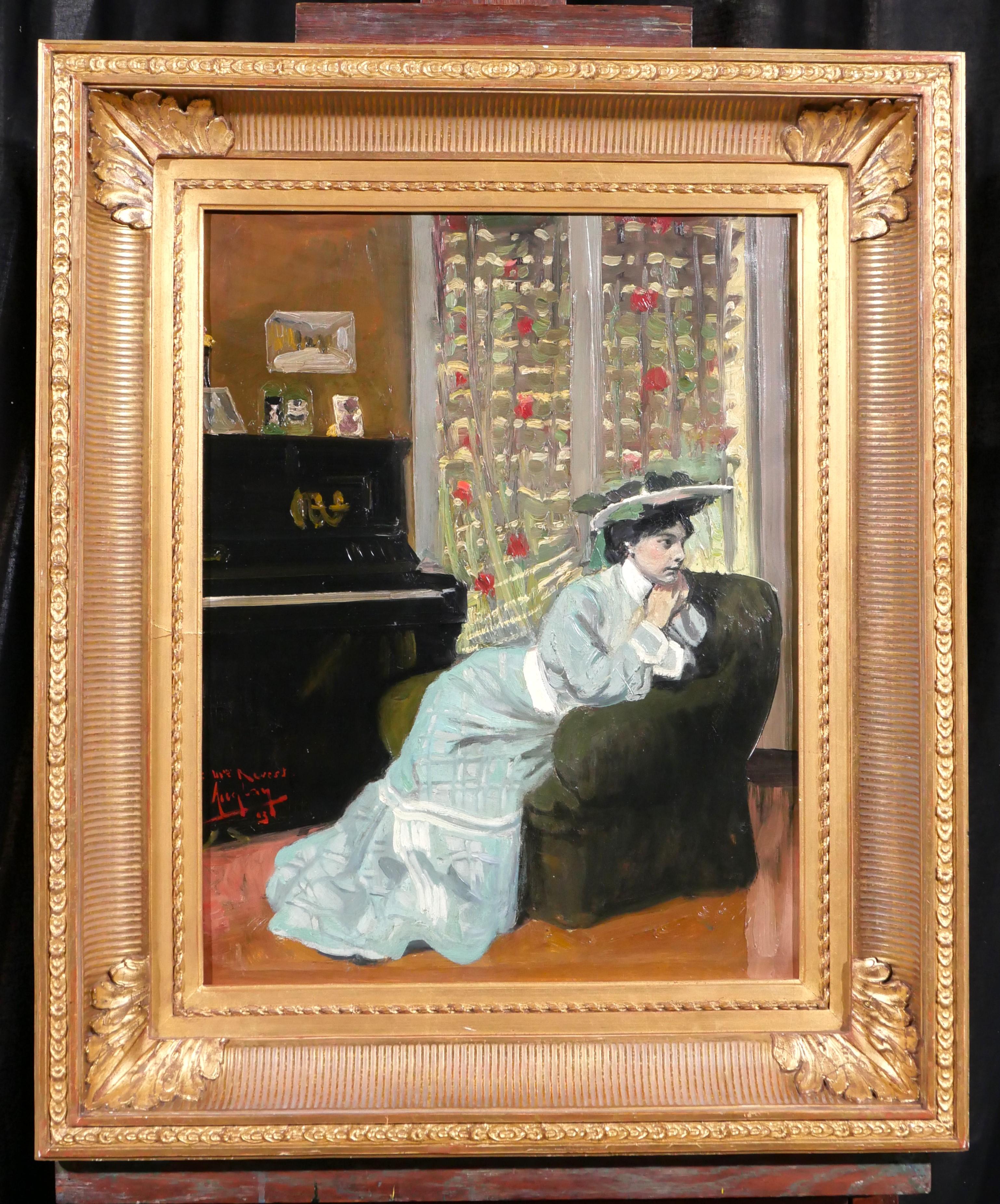 Frau, die in ihrem Inneren am Klavier sitzt, Gemälde des Impressionisten Tiffany – Painting von Auguste Auglay
