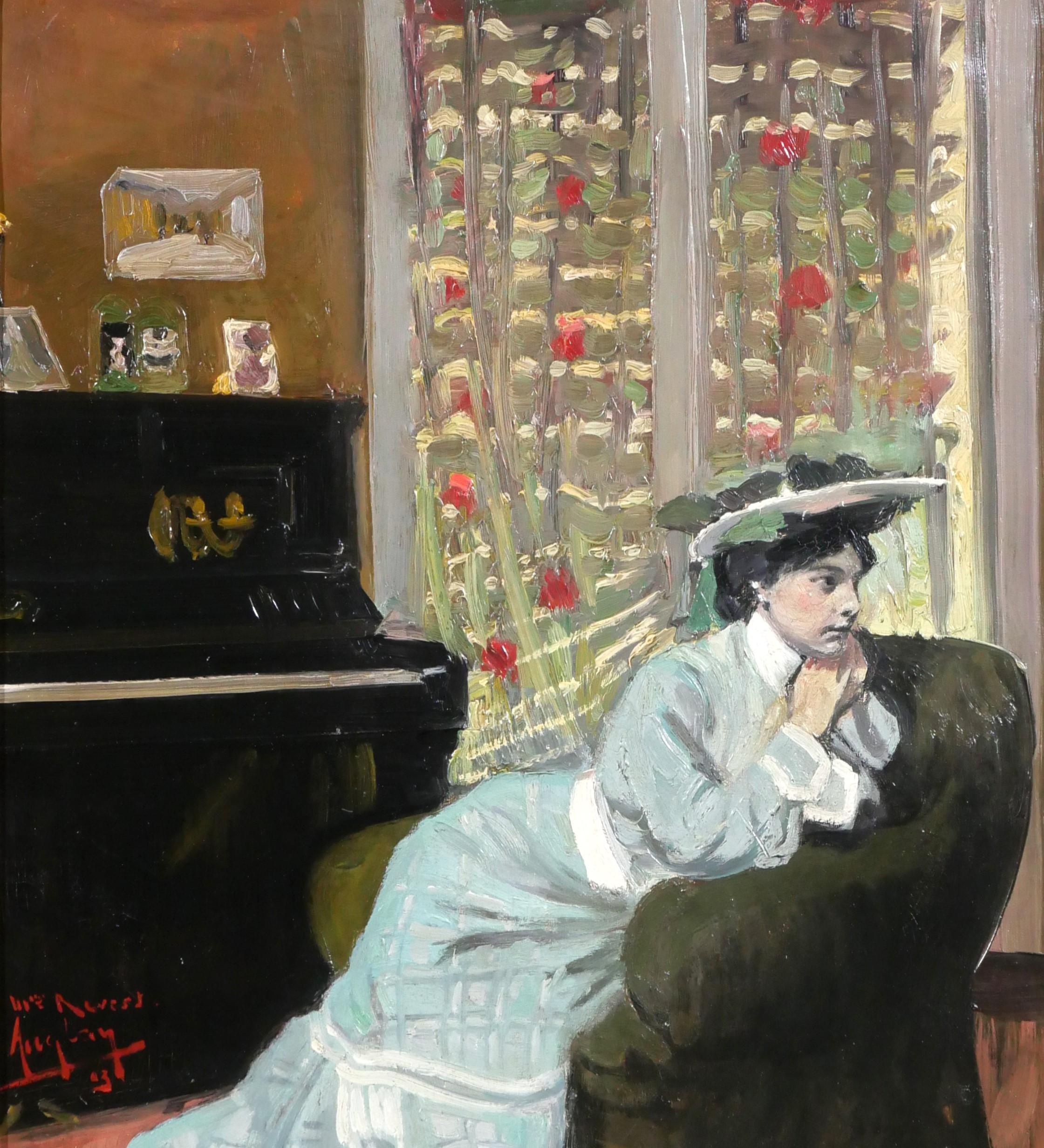 Frau, die in ihrem Inneren am Klavier sitzt, Gemälde des Impressionisten Tiffany (Impressionismus), Painting, von Auguste Auglay