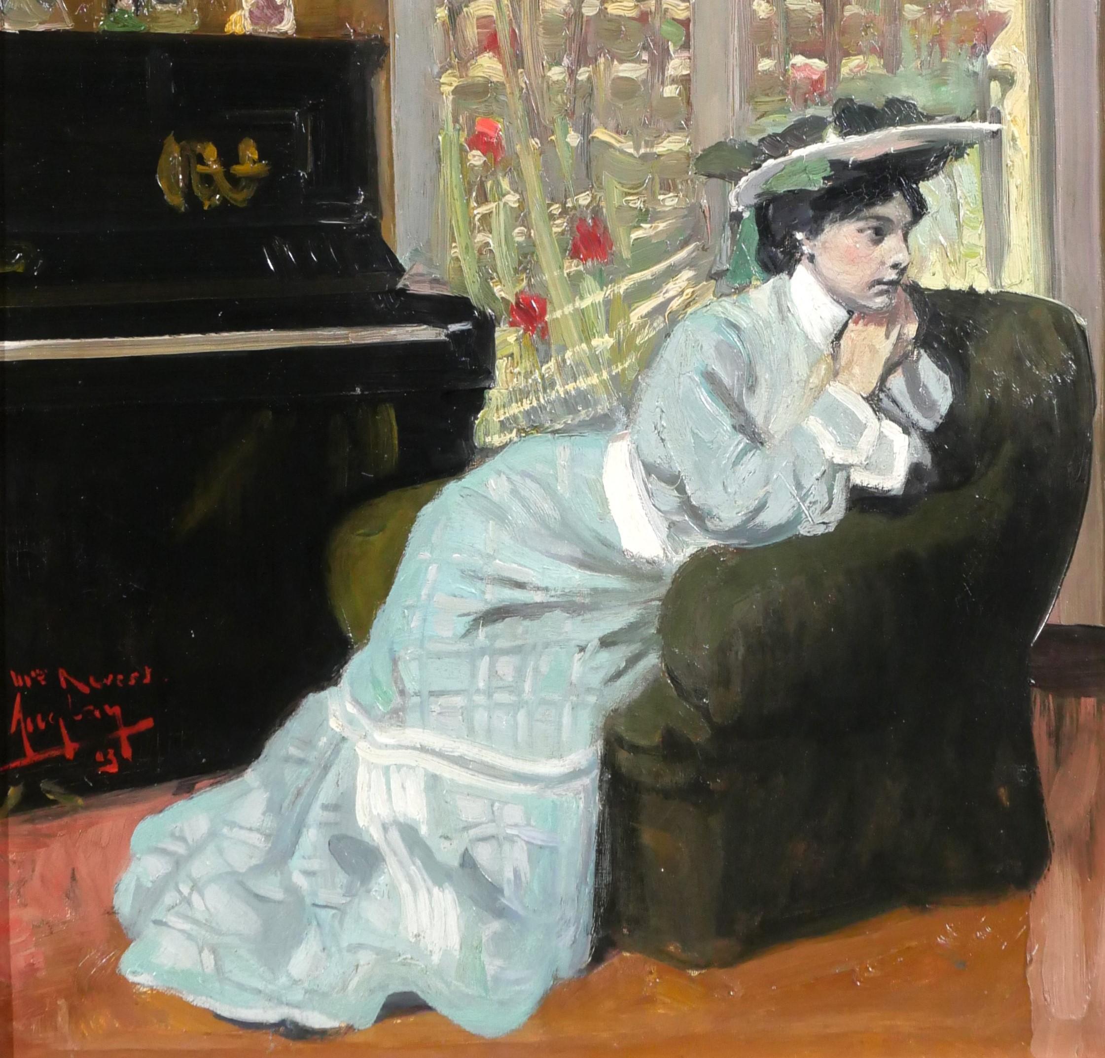 Frau, die in ihrem Inneren am Klavier sitzt, Gemälde des Impressionisten Tiffany (Braun), Interior Painting, von Auguste Auglay