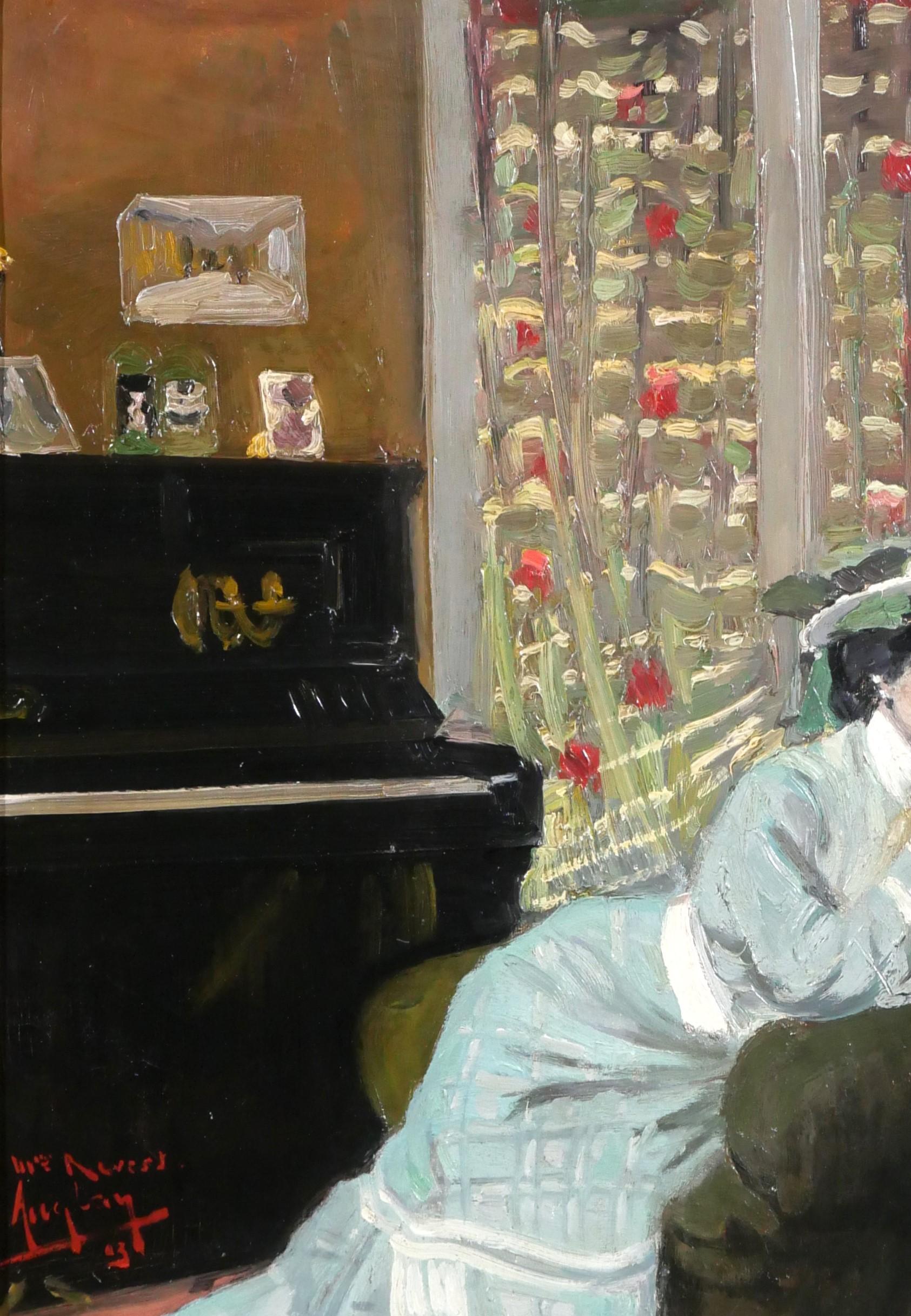 Auguste AUGLAY
Toulouse, 1876 - Toulouse, 1920
Frau in ihrem Interieur am Klavier sitzend (1903)
Gemälde, Öl auf Leinwand
Signiert, gewidmet und datiert: 
