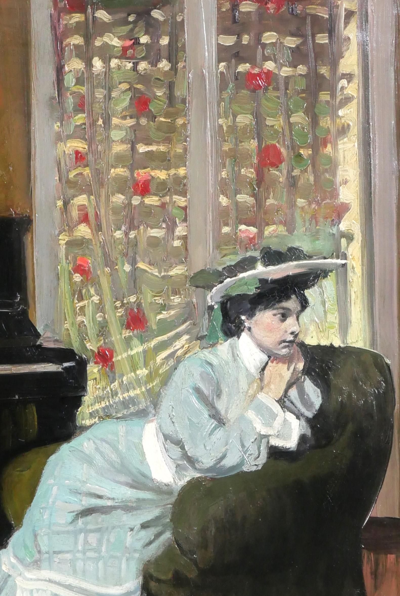 Frau, die in ihrem Inneren am Klavier sitzt, Gemälde des Impressionisten Tiffany im Angebot 1