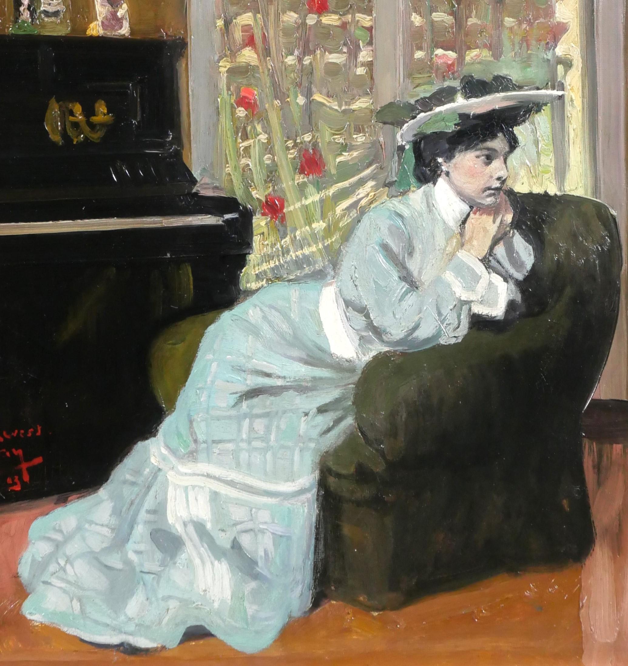 Frau, die in ihrem Inneren am Klavier sitzt, Gemälde des Impressionisten Tiffany im Angebot 2