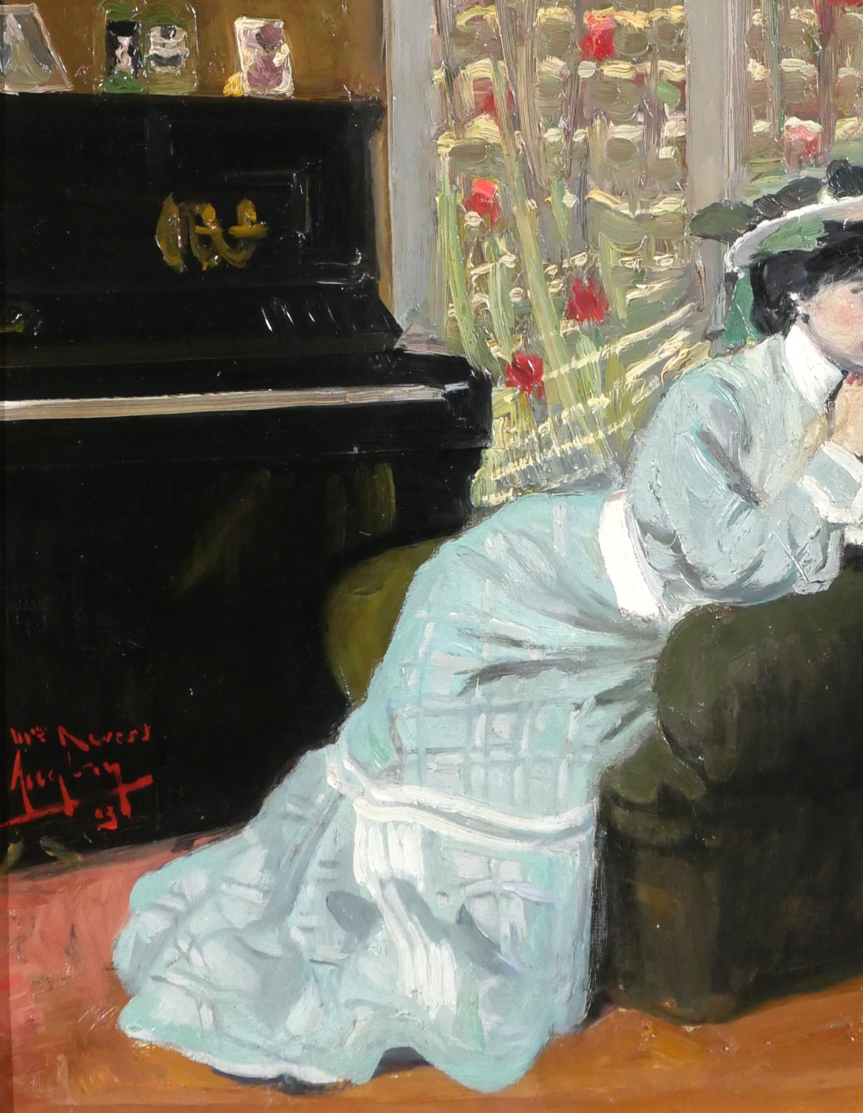 Frau, die in ihrem Inneren am Klavier sitzt, Gemälde des Impressionisten Tiffany im Angebot 3