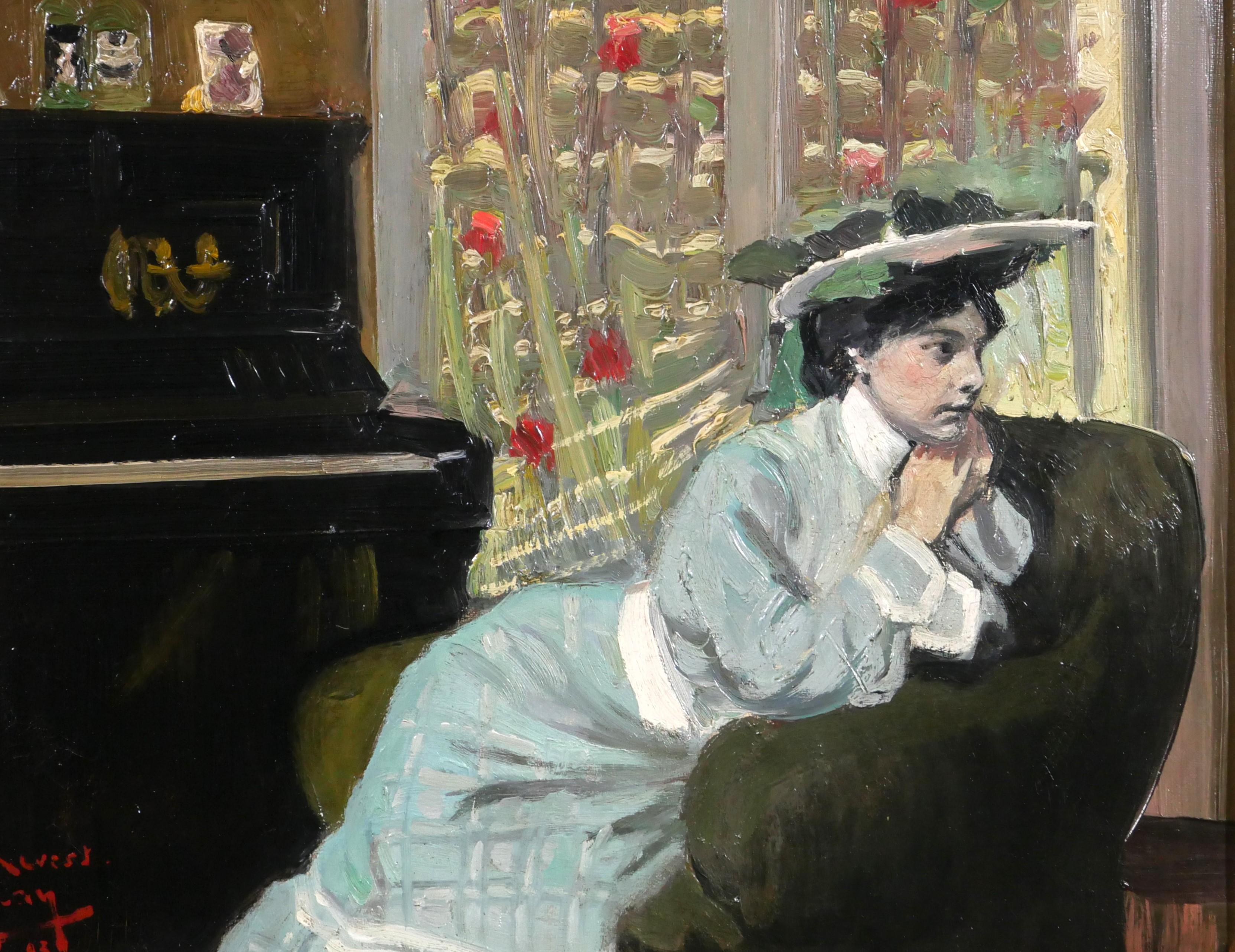 Frau, die in ihrem Inneren am Klavier sitzt, Gemälde des Impressionisten Tiffany im Angebot 4