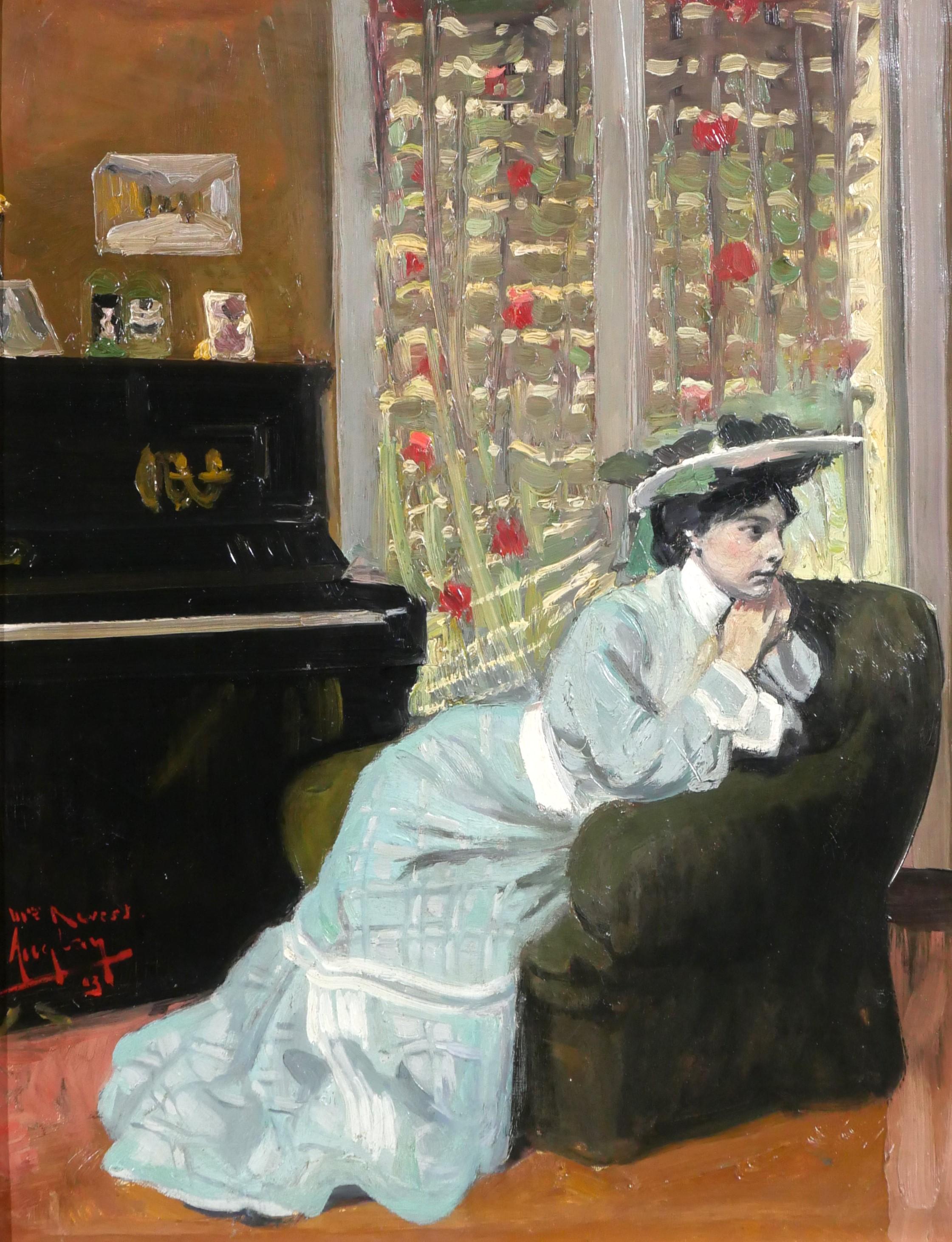 Auguste Auglay Interior Painting – Frau, die in ihrem Inneren am Klavier sitzt, Gemälde des Impressionisten Tiffany