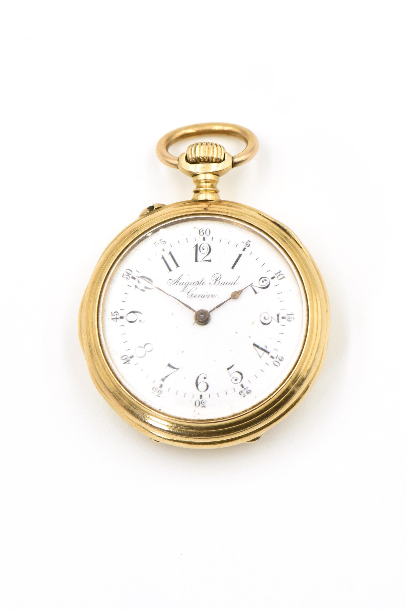 Auguste Baud engraved pocket watch - given to the First Place shooting competition Medal Winner in 1895 in a little town in Winterthur, Switzerland 18k yellow gold. It is not working - the pin set crown wind is not working.