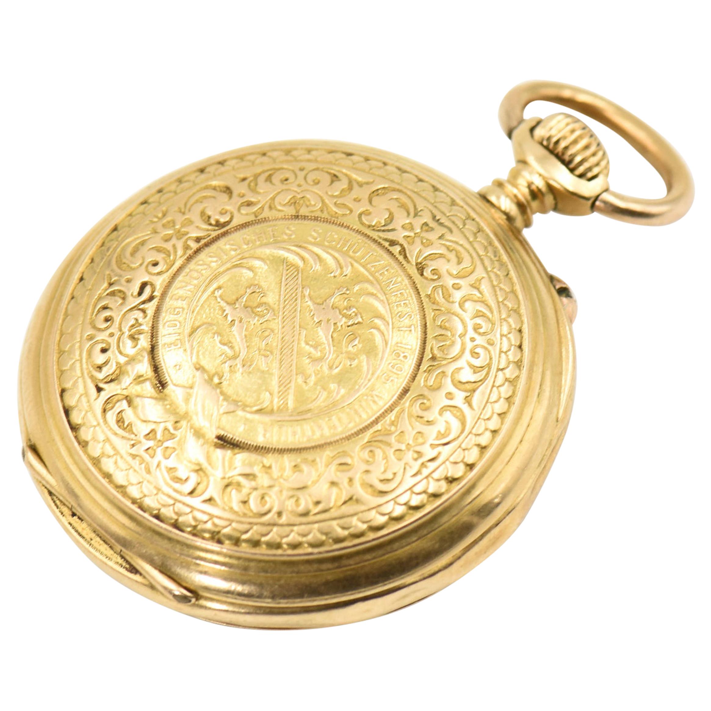 Auguste Baud Engraved Shooting Medal Winner Gold Pocket Watch, 1895