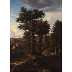 Auguste Bohm Romantic Landscape With Oak Trees, Oil Painting