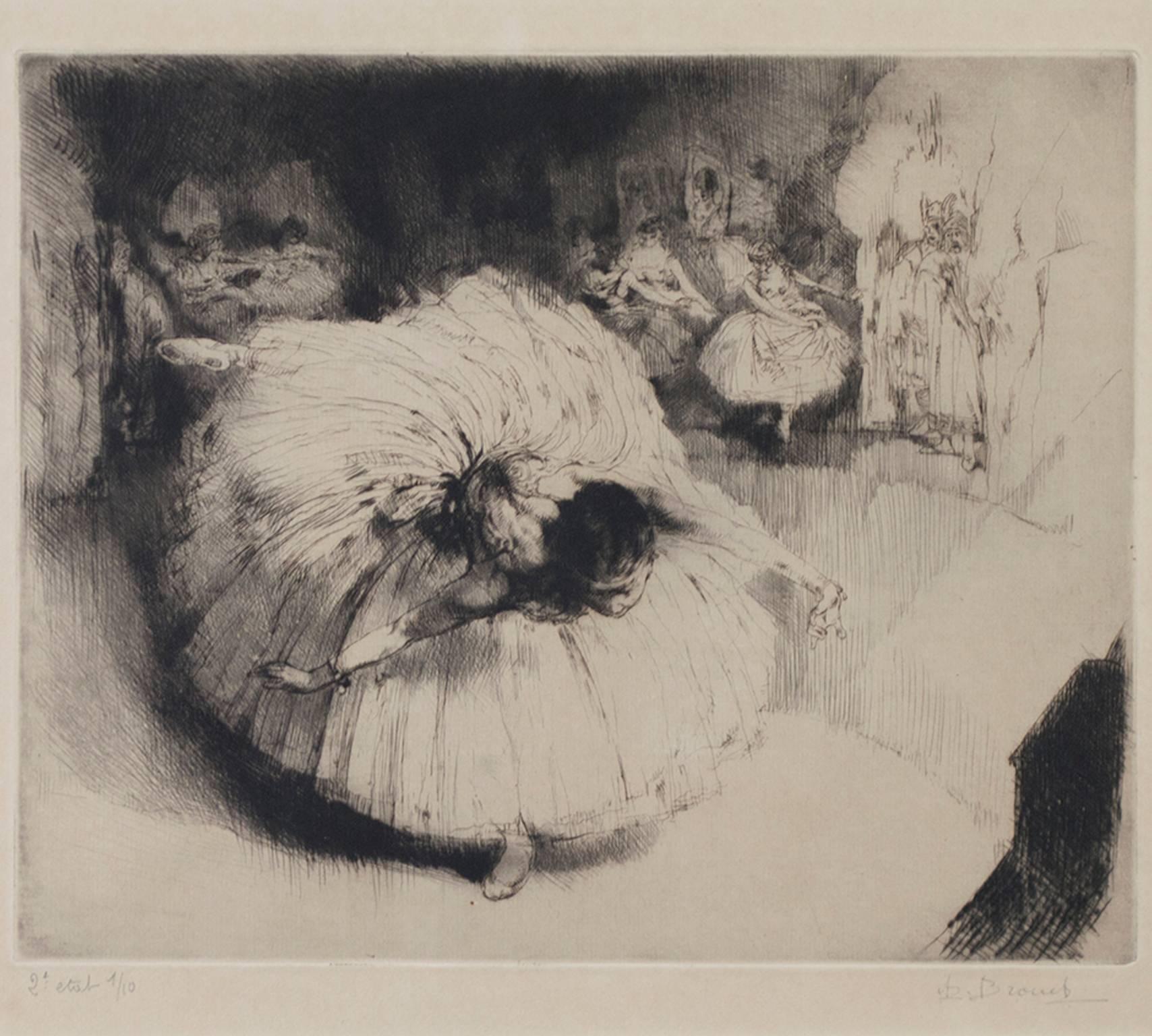 "Danseuse" is an original etching and drypoint by Auguste Brouet. The artist signed the piece lower right and wrote the edition  number (1/10) in the lower left. This piece depicts a ballerina center-stage while other performers and suitors look on