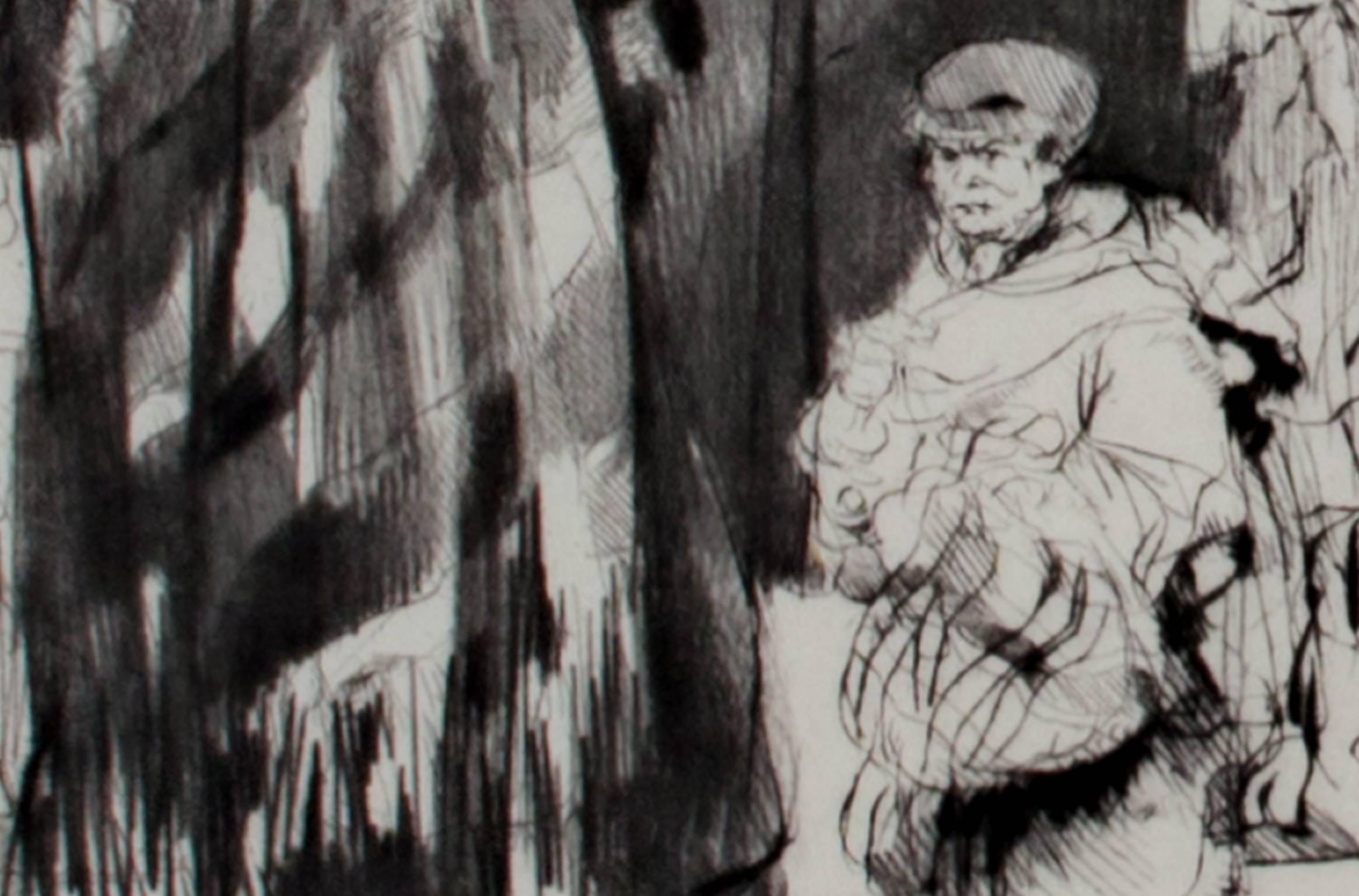 grabado del siglo xx estampa figurativa interior dramático blanco y negro firmado - Print de Auguste Brouet