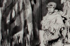 20th century engraving figurative print interior dramatic black and white signed