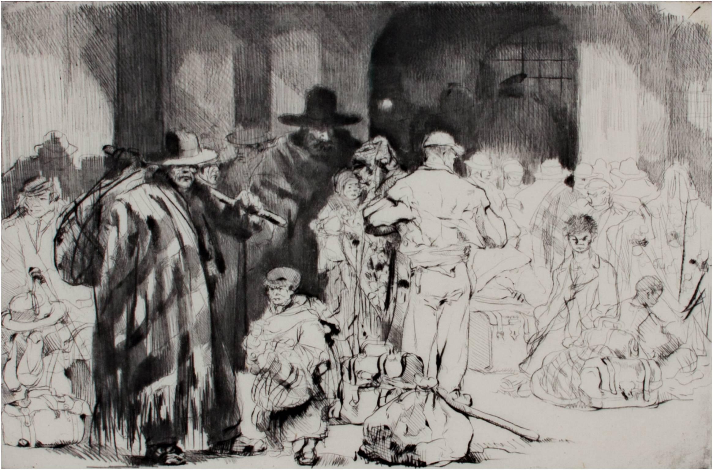 "Les Emigrants," Roller Engraving of Figures signed by Auguste Brouet