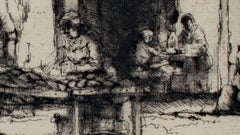 20th century etching figurative urban scene sketch black and white signed