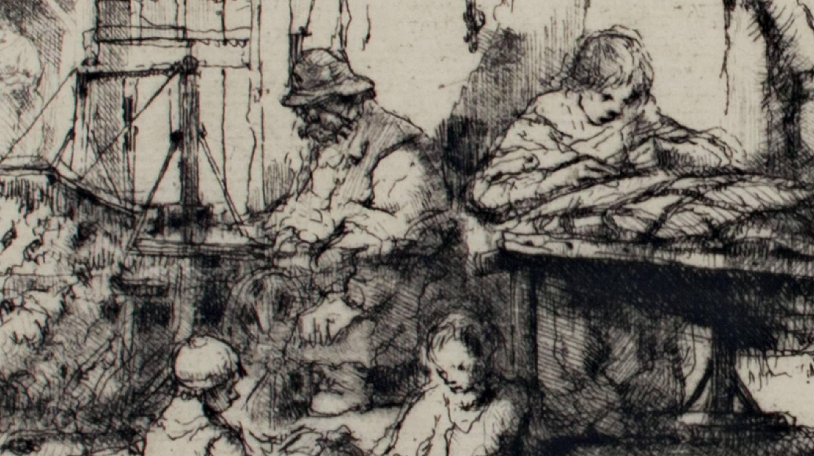 Siglo XX aguafuerte figurativo escena urbana boceto blanco y negro firmado - Print Moderno de Auguste Brouet