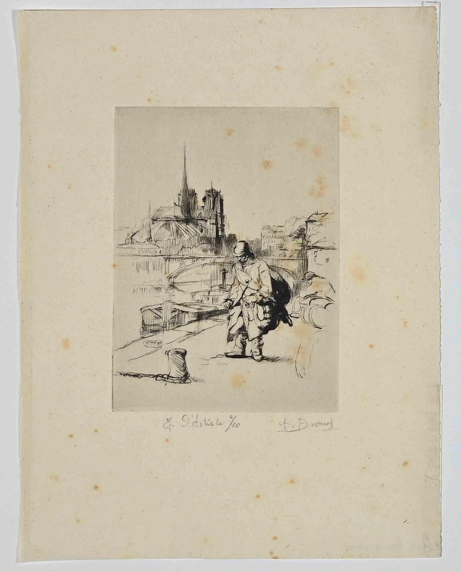 Wayfarer is an original etching by the French artist Auguste Brouet.

In good condition. 

Hand-signed.

Numbered. Edition of 10.

 The artwork is depicted skillfully through confident and short strokes with well-defined hatching.  

Auguste Brouet