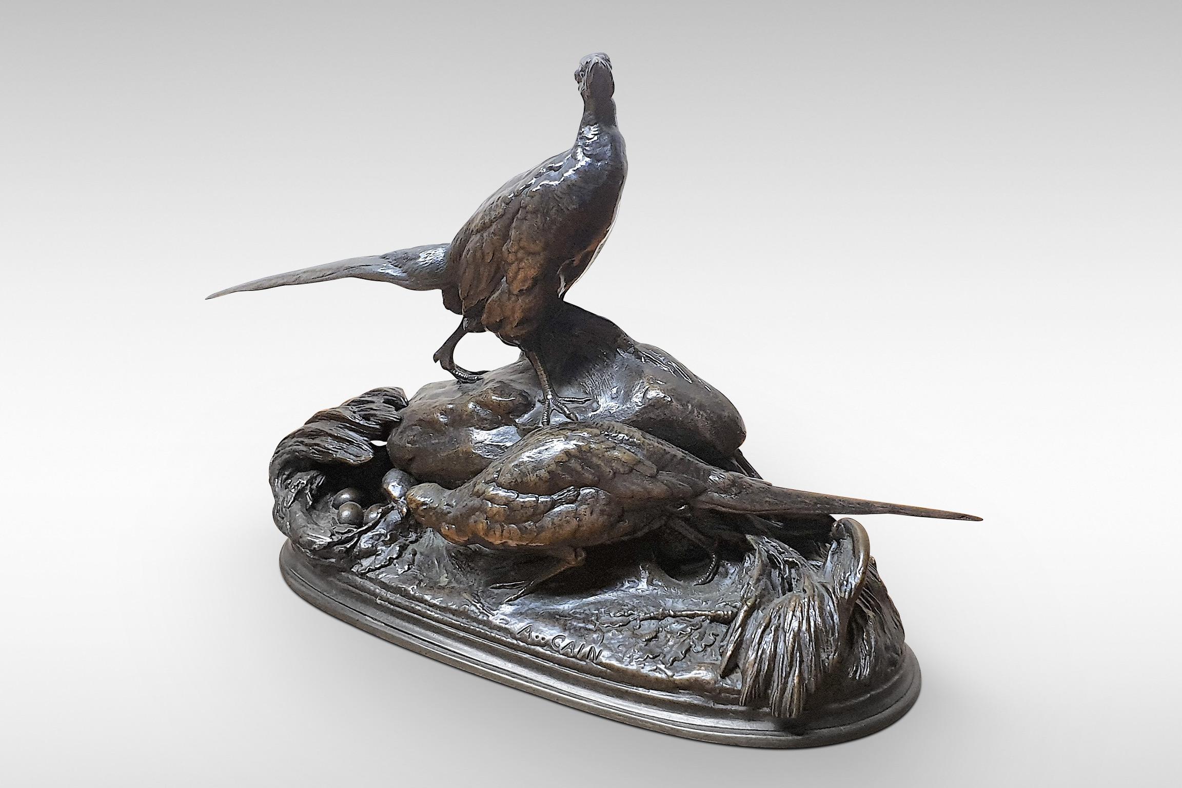 Art Nouveau Auguste Cain Bronze Sculpture Nesting Pheasants For Sale