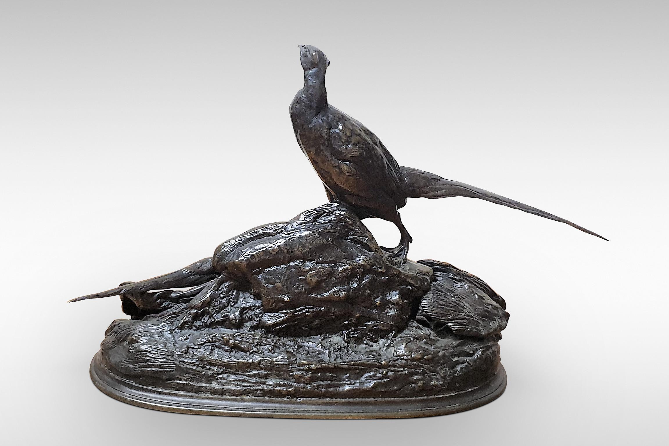 19th Century Auguste Cain Bronze Sculpture Nesting Pheasants For Sale