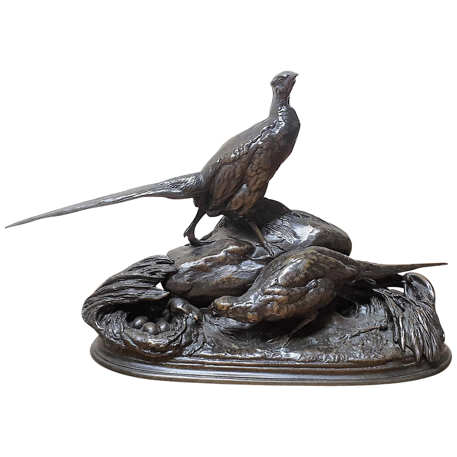 Auguste Cain Bronze Sculpture Nesting Pheasants For Sale